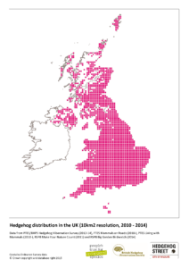 Distribution of Hedgehogs in United Kingdom at 10km scale 2010 - 2014